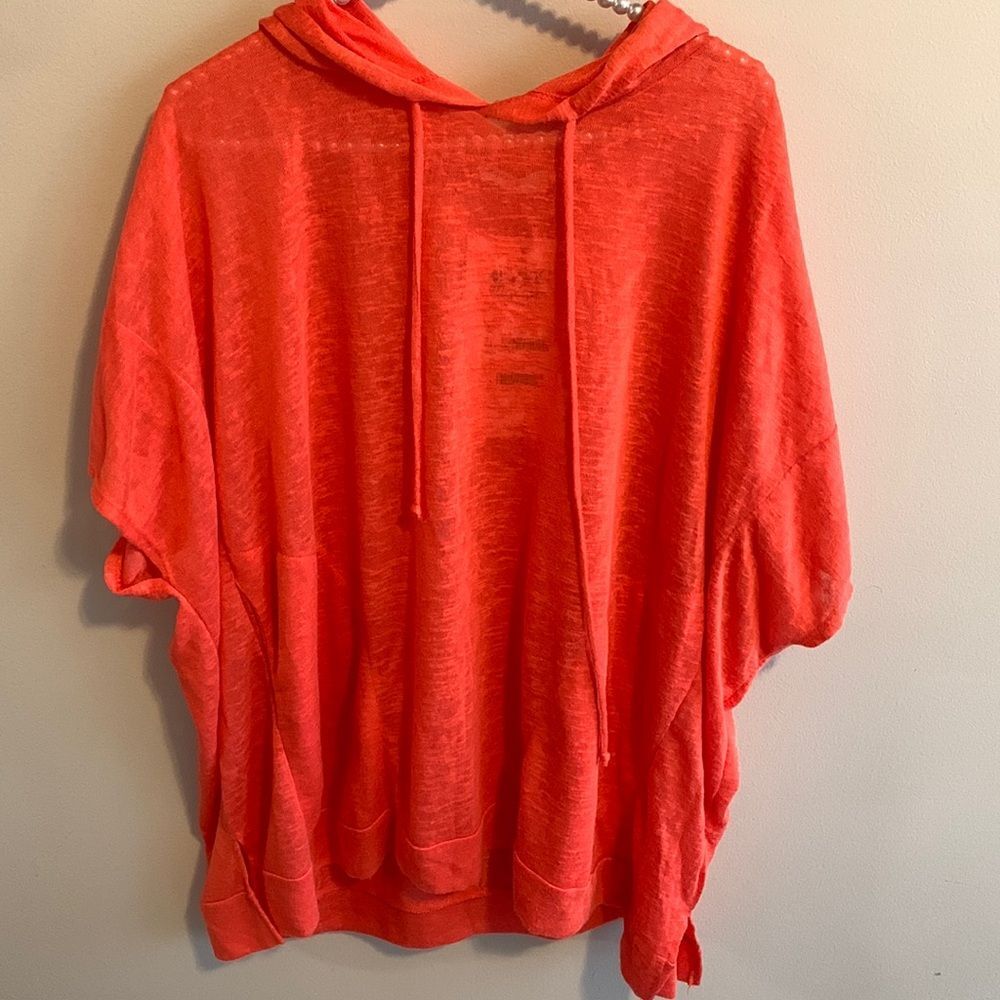 NEW Myespop Hooded Top Small Neon Coral Pink Short Sleeve Slub Knit Poncho